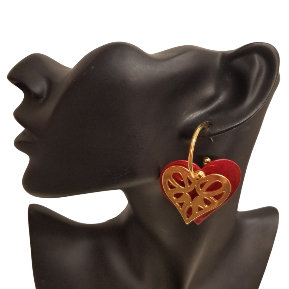 Vintage Avon Red Enamel & Gold Tone Layered Filigree Heart Hoop Earrings